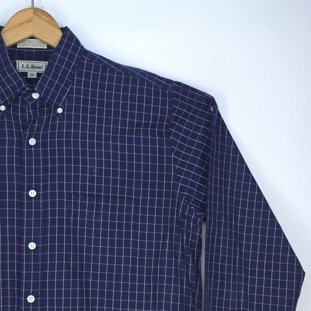 LL Bean Button Down Shirt Mens Large Navy Blue Check Long Sleeve Office Business - Picture 9 of 15